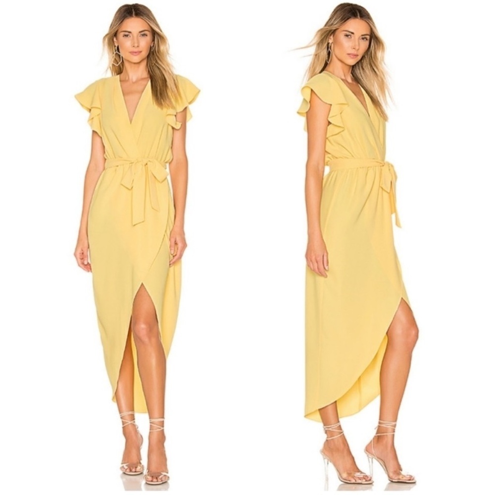 Amanda Uprichard Martinique Yellow Wrap Midi Dress Women Size L Feminine Spring